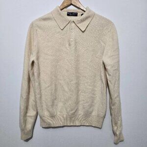Grant Thomas Mens Cream Two Ply 100% Cashmere Long Sleeve Polo Sweater Sz M Soft